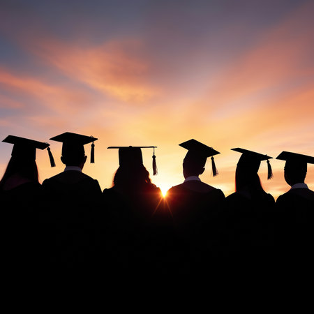Silhouette of Graduates in Graduation Cap on sunset backgroundの素材