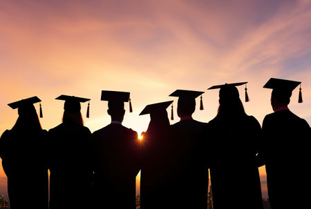 Silhouette of graduates on sunset background. Graduation concept.の素材