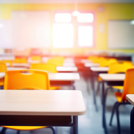 Table Top And Blur Interior of a Classroom - Vintage Light Filterの素材