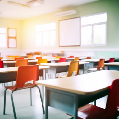 Classroom interior with empty chairs and tables. Blurred background.の素材