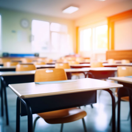 Empty classroom with chairs and desks. Selective focus. Blurred background.の素材