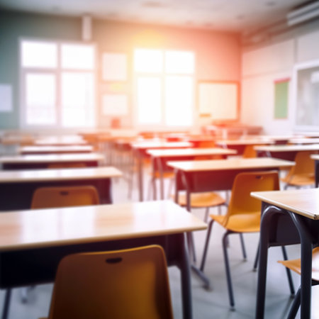 Classroom interior with empty desks and chairs. Blurred background.の素材