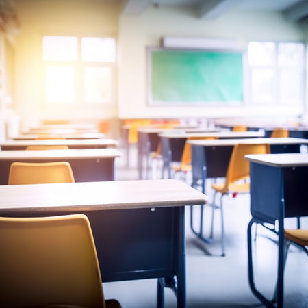 Empty classroom with tables and chairs in school, education and learning conceptの素材