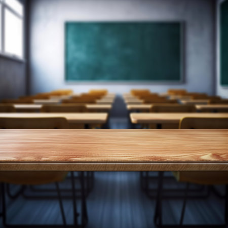 Empty wooden table and blurred classroom background. Mock up, 3D Renderingの素材