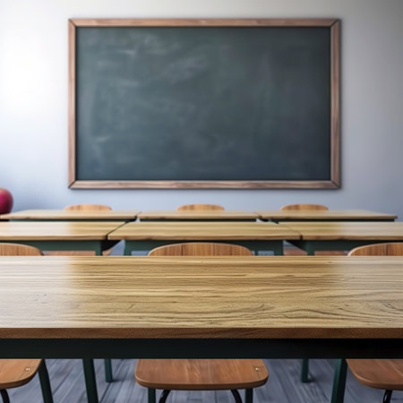 Empty wooden table and blackboard in classroom. Mock up, 3D Renderingの素材
