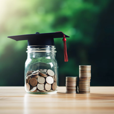 Graduation cap with coins in glass jar on wood table with blur green background, education and financial conceptの素材