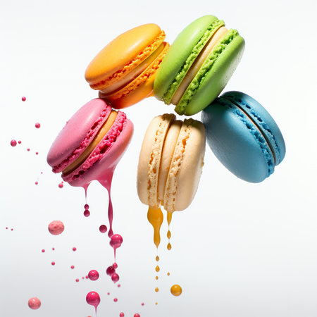 Colorful macaroons falling on a white background with splashesの素材