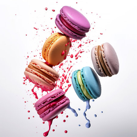 Colorful macaroons with splashes on a white background.の素材