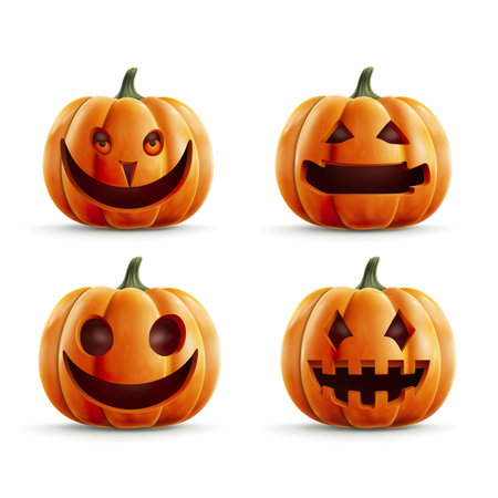 Halloween pumpkins with scary faces on white background. Vector illustration.の素材