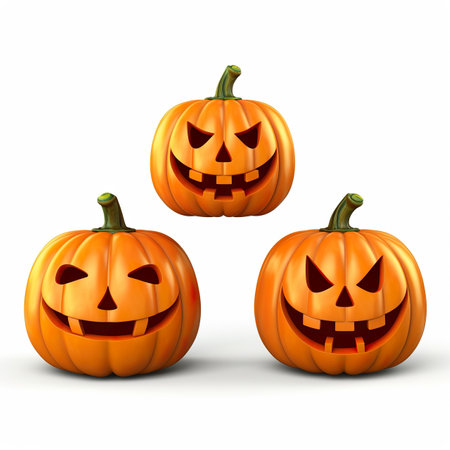 Three Halloween pumpkins isolated on white background. 3D rendering.の素材