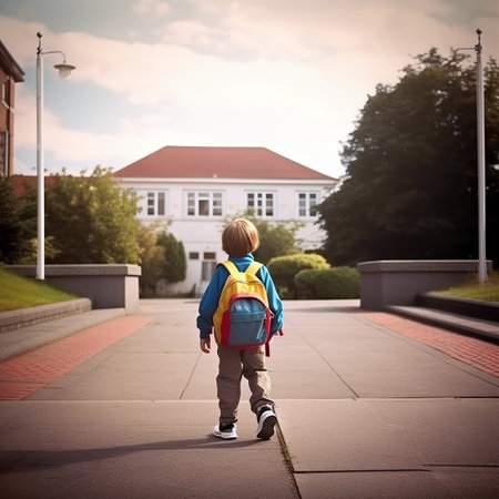 Back view of a schoolboy with backpack walking to school. Back to school concept.の素材