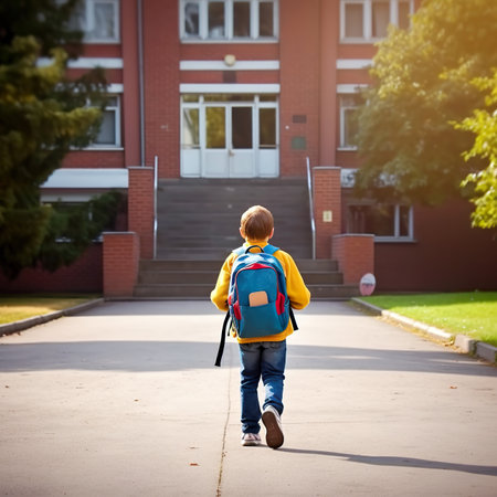Back to school. Cute little boy with backpack going to schoolの素材