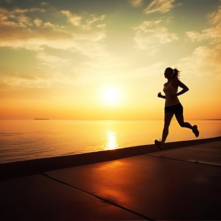 Runner athlete running at seaside. woman fitness silhouette sunrise jogging workout wellness concept.の素材