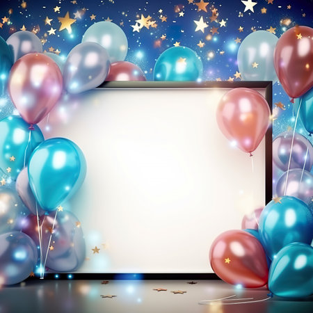 Party background with balloons, confetti and frame. Vector illustration.の素材