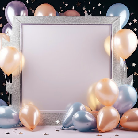 Blank white photo frame with balloons and stars. 3D renderingの素材