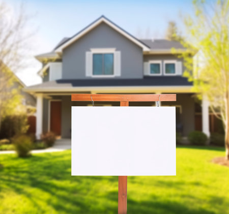 Blank Real Estate Sign in Front of New House. 3d Renderingの素材