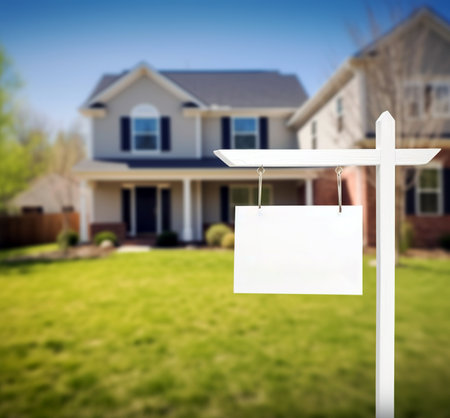 Real Estate Sign with House and Lawn in Background. 3D Renderingの素材