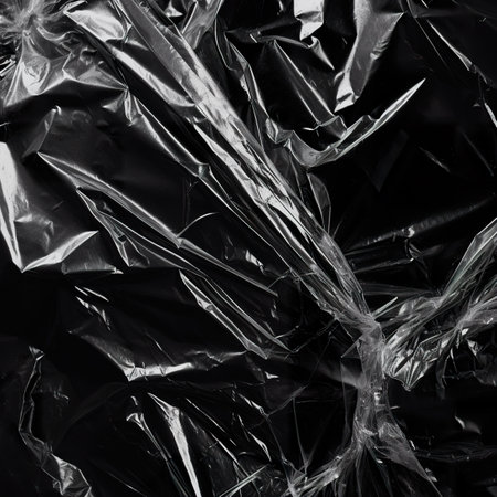 close up of crumpled polyethylene film on black backgroundの素材
