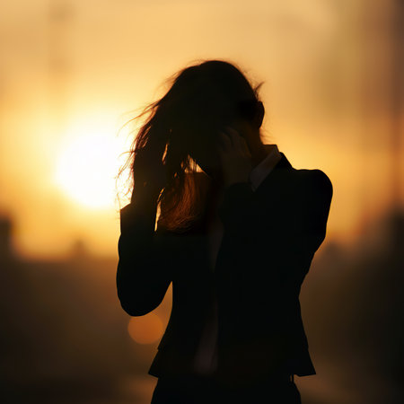 silhouette of a business woman on the background of the sunsetの素材