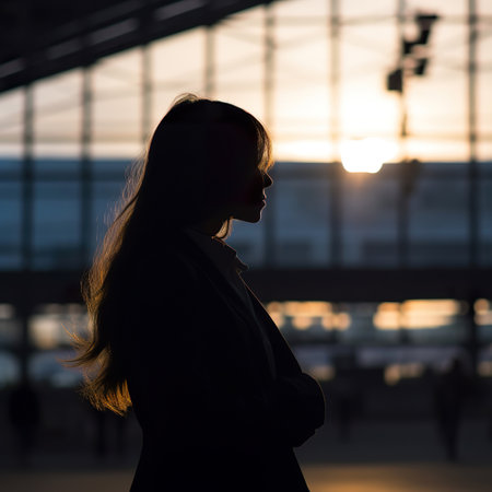 Silhouette of a young business woman in the airport at sunsetの素材