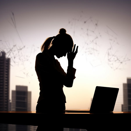 Silhouette of businesswoman sitting at table with laptop and touching her faceの素材