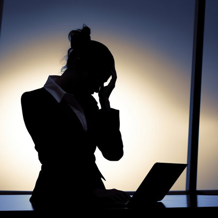 silhouette of businesswoman working with laptop in office at sunsetの素材