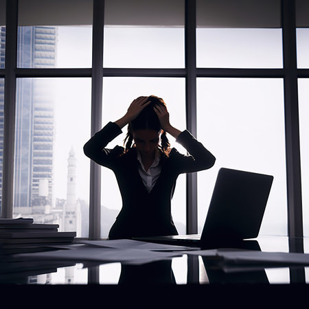 Silhouette of young businesswoman covering her face with hands while sitting in officeの素材