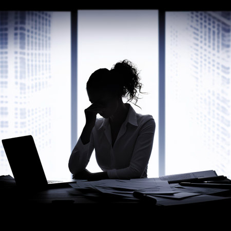 Silhouette of a businesswoman sitting in front of a laptop in the officeの素材