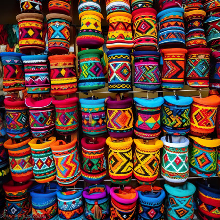 Colorful handicrafts on display in a souvenir shop in Peruの素材