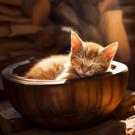Cute ginger kitten sleeping in wooden bowl. Cozy home.の素材