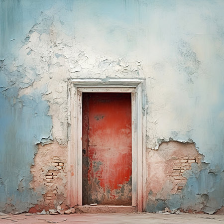 Red door in the old wall of the house. Conceptual image.の素材