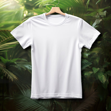 White t-shirt mockup on wooden hanger in jungle.の素材