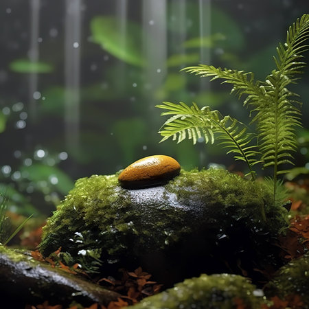 zen stones with moss and fern on dark background, 3d illustrationの素材