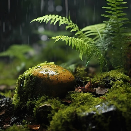 Mushroom in rain forest with fern leaves and rain dropsの素材