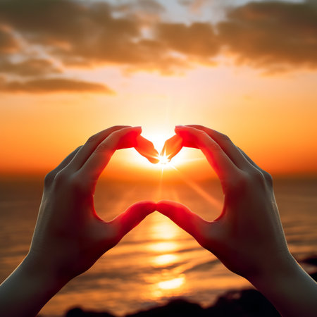 hands forming a heart shape with the sun in the background at sunsetの素材