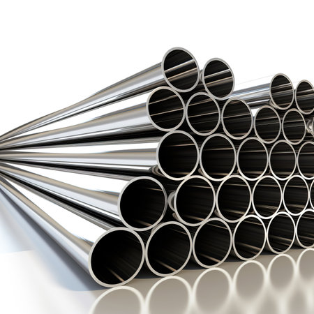 3d render of metal pipes in a row on white background.の素材