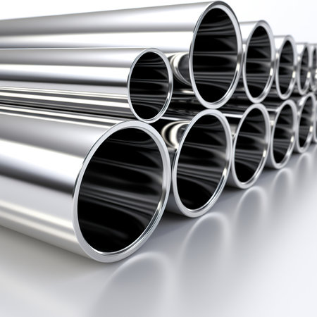 Steel pipes of different diameters on a white background. 3d illustrationの素材
