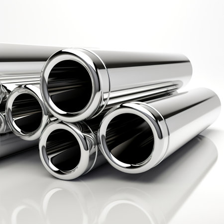 3d illustration of stainless steel pipes over white background with reflection.の素材