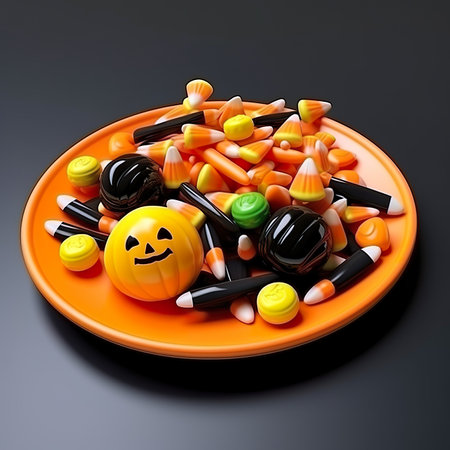 Halloween candies on orange plate on black background. 3d illustrationの素材