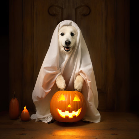 Golden retriever dog in halloween costume with jack o lanternの素材