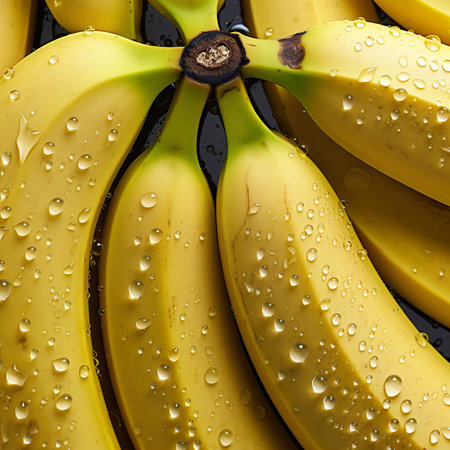 Bunch of fresh bananas with water drops on a black background.の素材