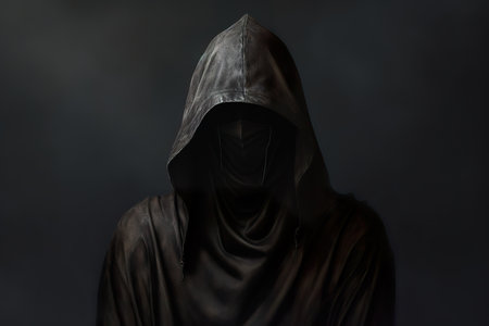 Mysterious man in a black robe and hood on a dark backgroundの素材
