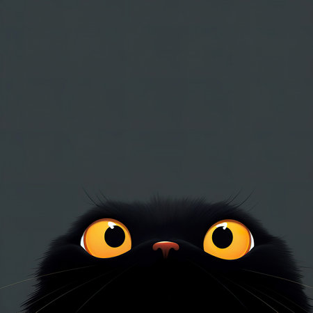 Funny black cat with yellow eyes on grey background. Halloween conceptの素材