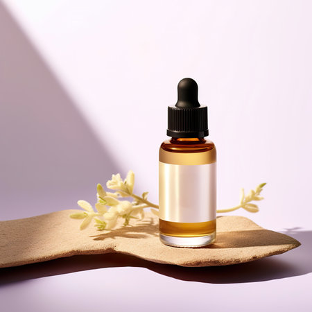 Essential oil in a glass bottle with a pipette on a light backgroundの素材