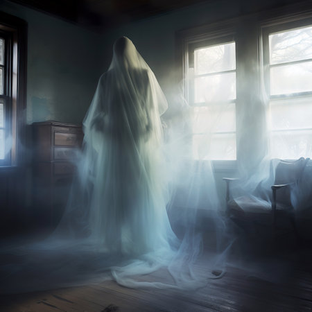 A vertical shot of a bride in a veil standing in her bedroomの素材