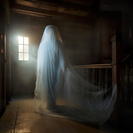 Wedding dress hanging on the railings in a dark roomの素材