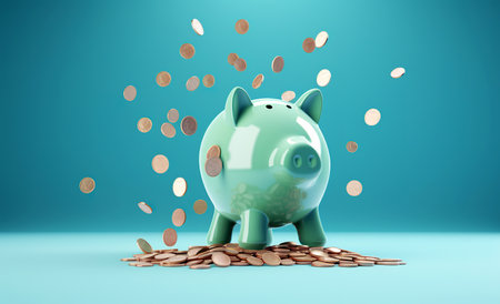 Piggy bank with falling coins on blue background. 3D Renderingの素材