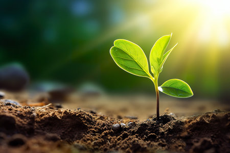 Green seedling illustrating concept of new life with sunbeams and lens flareの素材