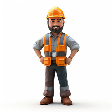 3D illustration of a male construction worker with helmet and reflective vestの素材