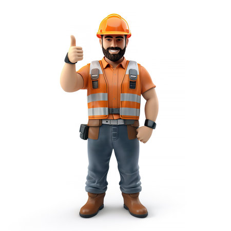 Construction worker with thumbs up isolated on white background. 3d illustration.の素材